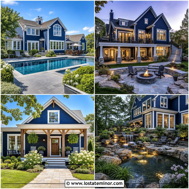 30 Navy Blue House Design With Backyard Ideas for Outdoor Living