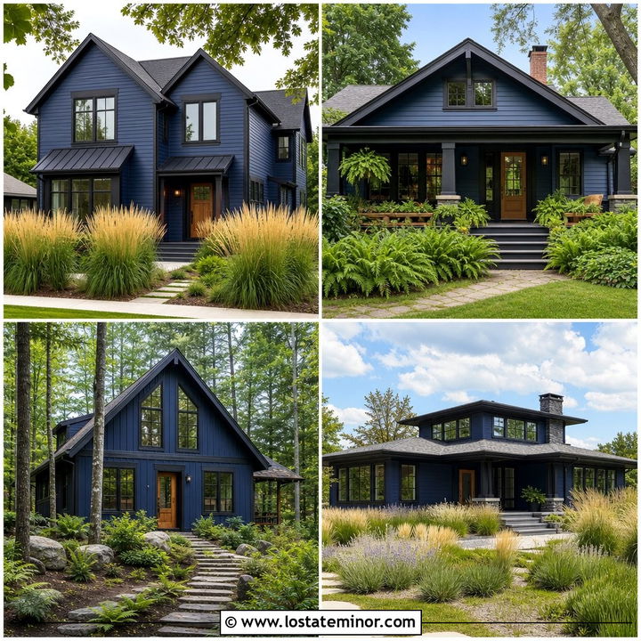 30 Navy Blue House Design With Front Yard Ideas for Curb Appeal