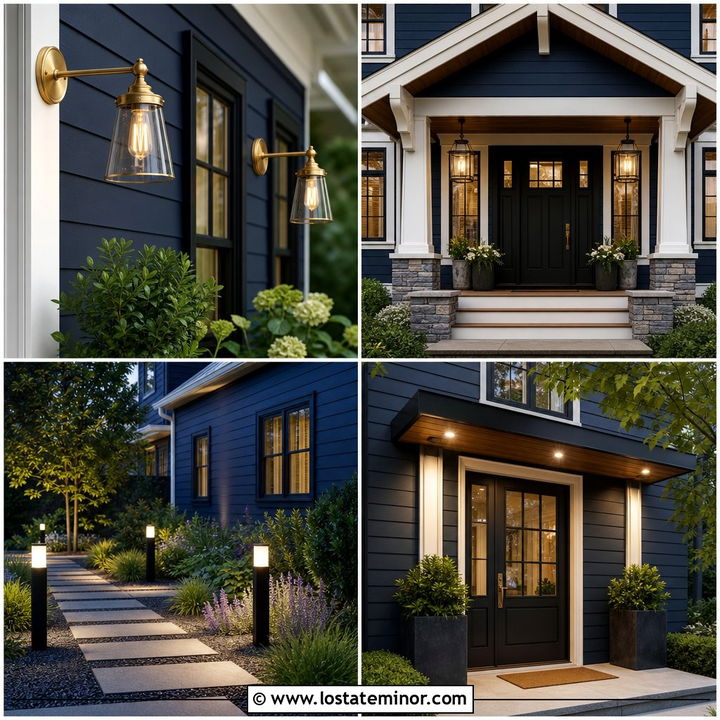 30 Navy Blue House Design With Lighting Ideas for Curb Appeal