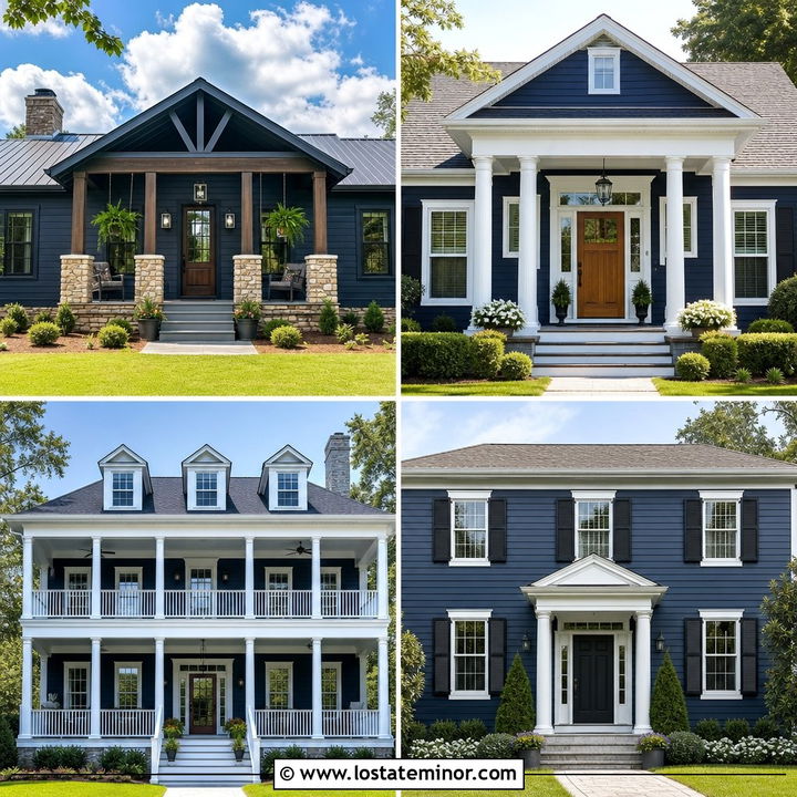 30 Navy Blue House Design With Porch Columns Ideas: Fresh Looks