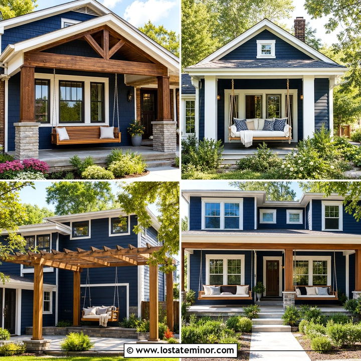 30 Navy Blue House Design With Swing Ideas for Cozy Porch Style