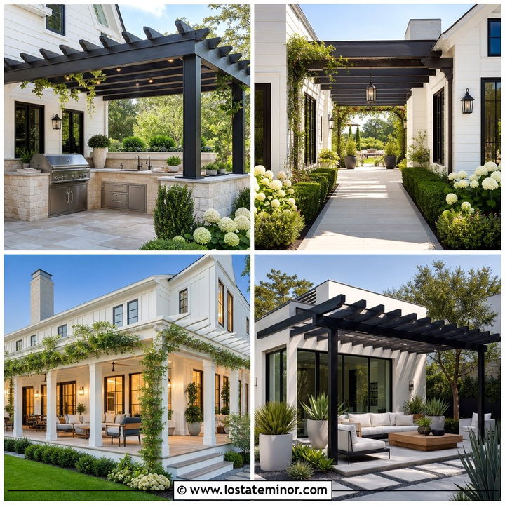 30 Off White House Design With Pergola Ideas for Stylish Shade
