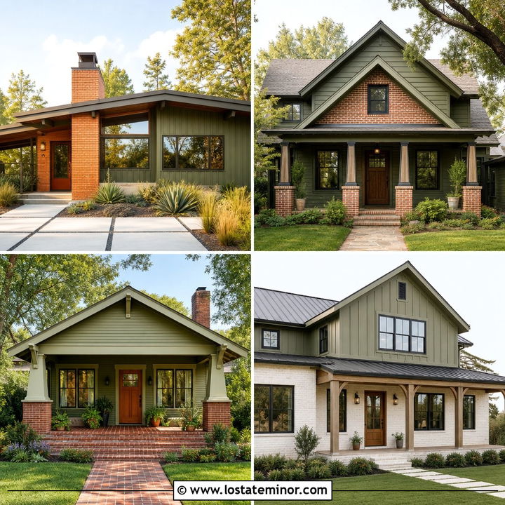 30 Olive Green House Design With Brick Accents Ideas: Warm Style