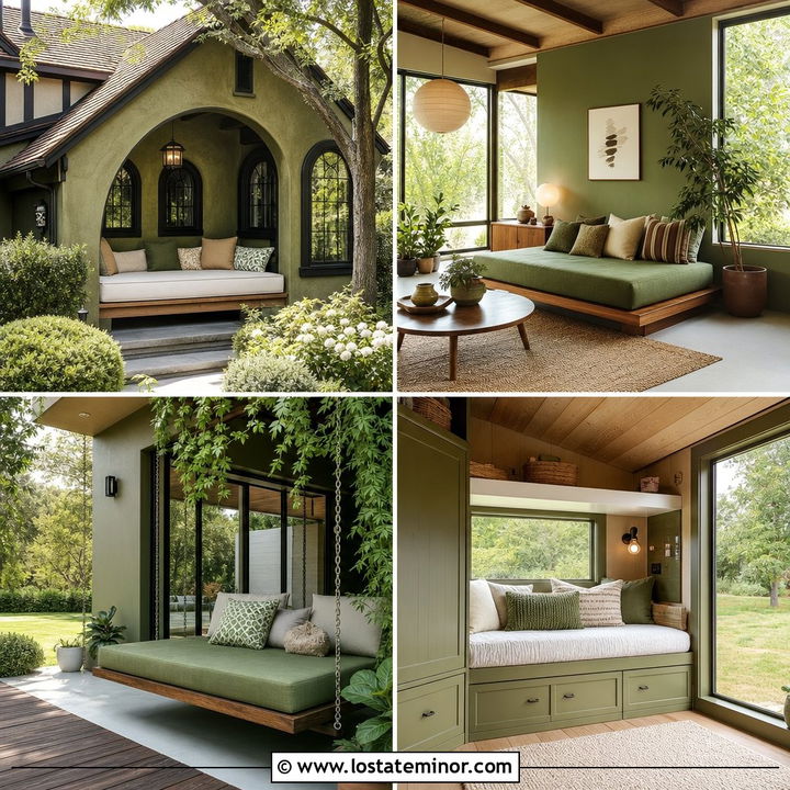 30 Olive Green House Design With Daybed Ideas for Relaxed Porches
