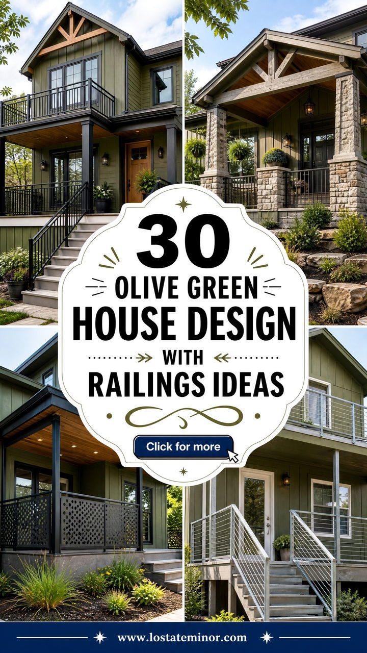 30 Olive Green House Design With Railings Ideas for Porch Charm - 30 Olive Green House Design With Railings Ideas for Porch Charm