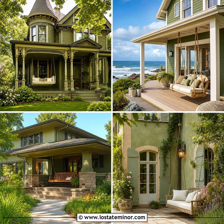 30 Olive Green House Design With Swing Ideas for Cozy Porches