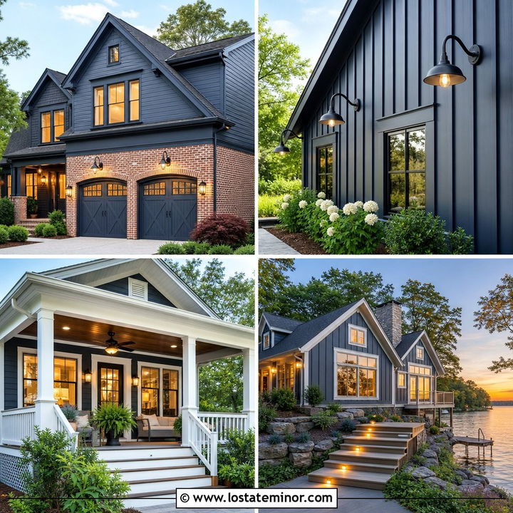 30 Slate Blue House Design With Lighting Ideas: Warm Curb Appeal
