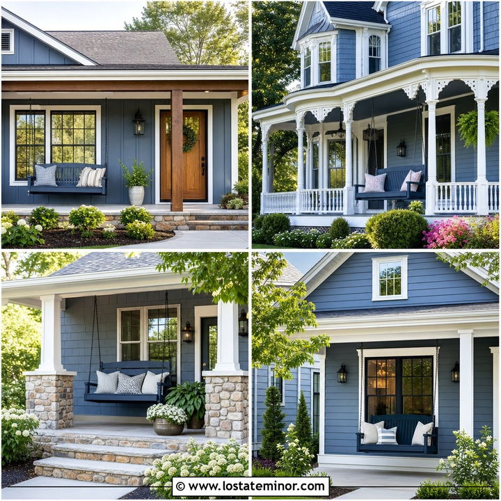 30 Slate Blue House Design With Swing Ideas for Porch Charm