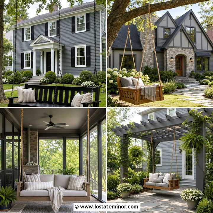 30 Slate Grey House Design With Swing Ideas for Relaxed Porches