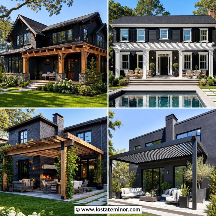 30 Soft Black House Design With Pergola Ideas for Outdoor Style