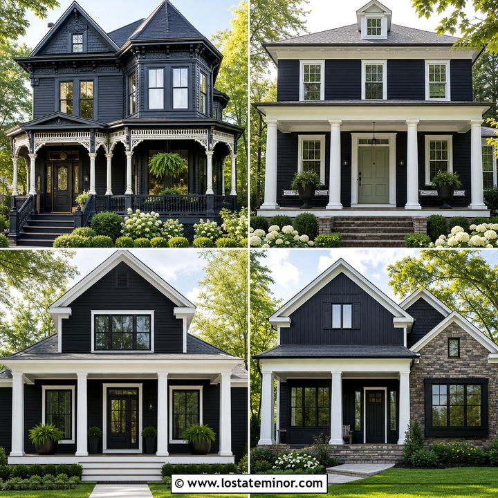 30 Soft Black House Design With Porch Columns Ideas to Add Charm