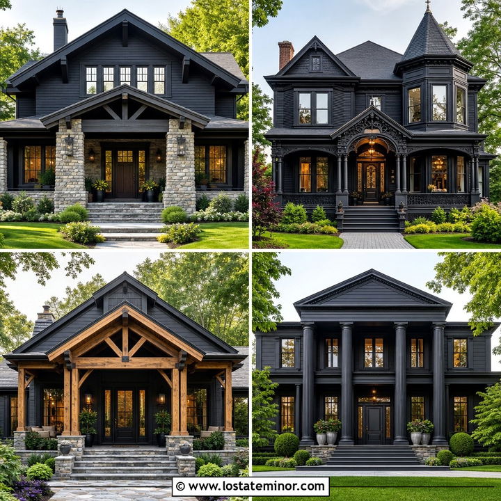 30 Soft Black House Design With Portico Ideas for Grand Entrances