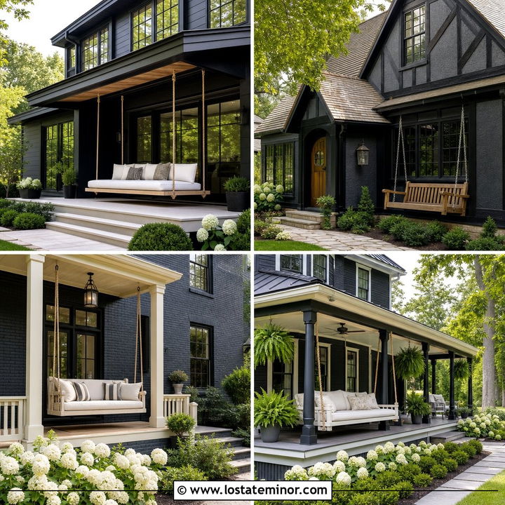 30 Soft Black House Design With Swing Ideas For Cozy Porches