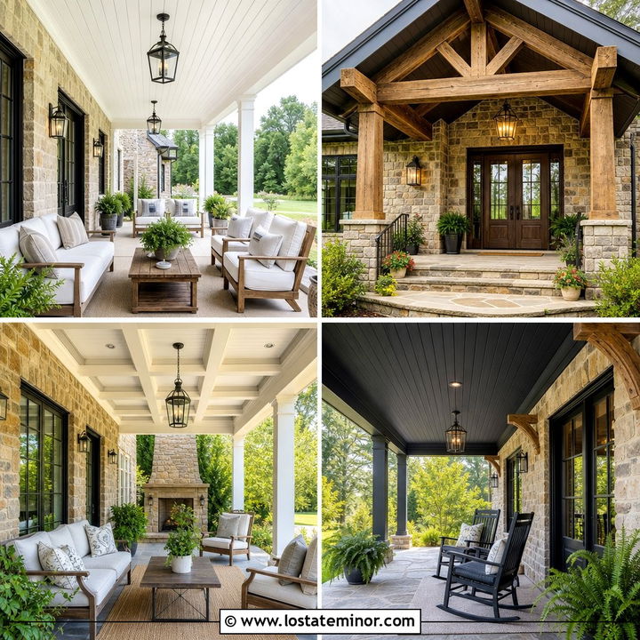 30 Stone House Design With Porch Ceiling Ideas for Elevated Style