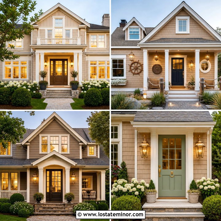 30 Tan House Design With Lighting Ideas: Warm Curb Appeal