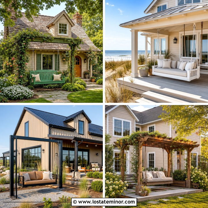 30 Tan House Design With Swing Ideas for Relaxed Porch Style