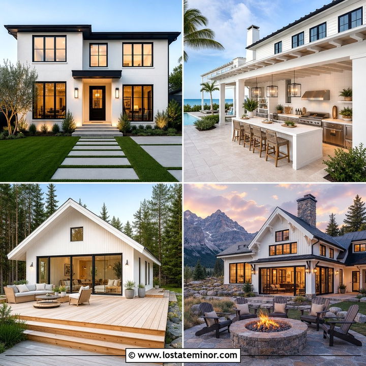 30 Warm White House Design With Backyard Ideas for Outdoor Bliss