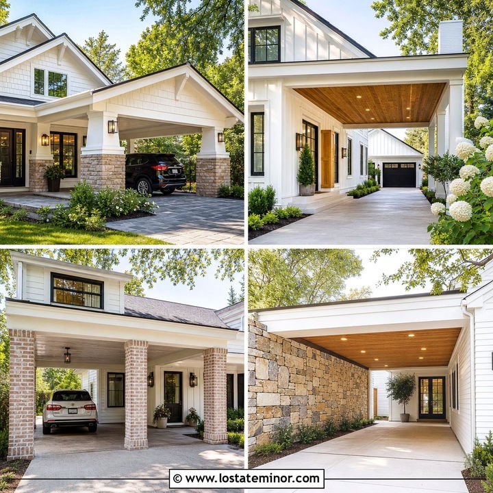 30 Warm White House Design With Carport Ideas for Added Style
