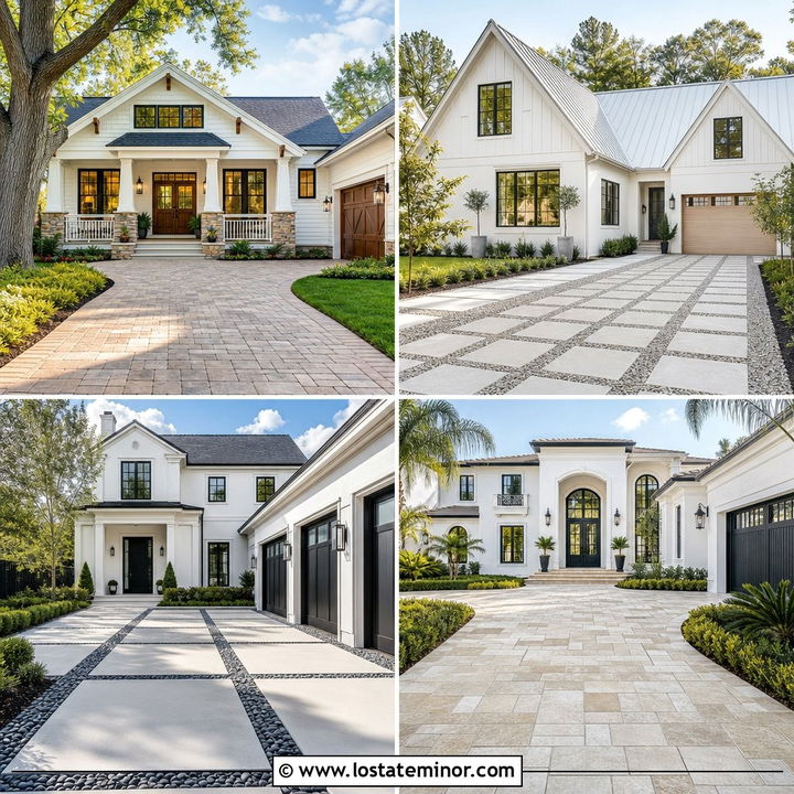 30 Warm White House Design With Driveway Ideas for Polished Style