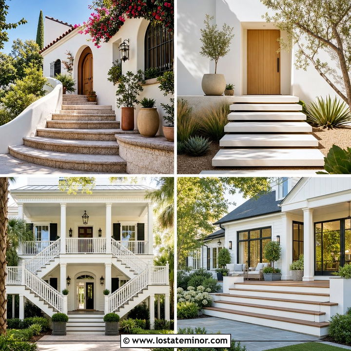 30 Warm White House Design With Steps Ideas for a Welcoming Entry
