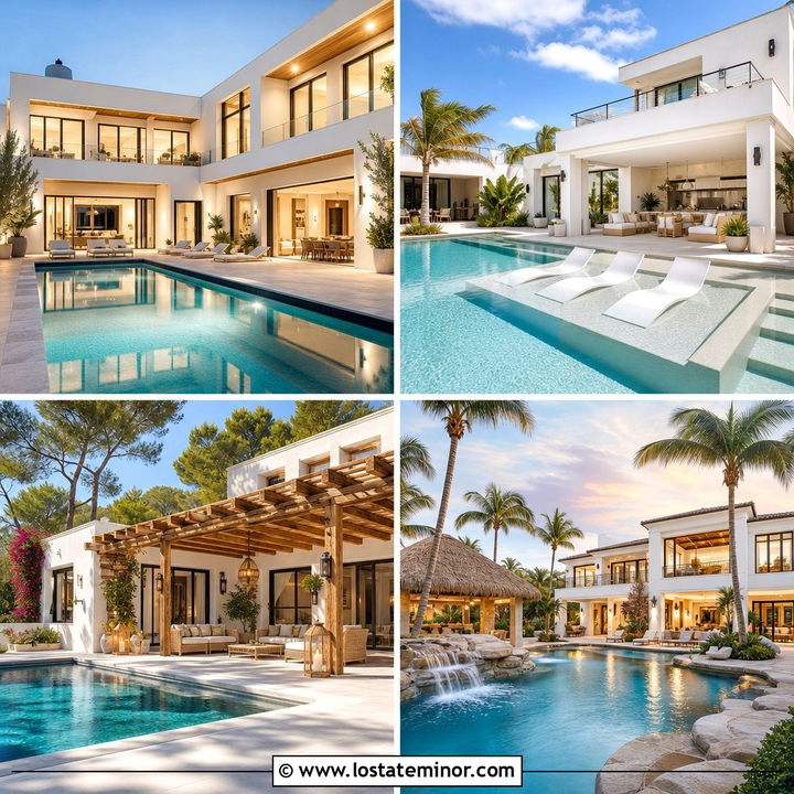 30 Warm White House Design With Swimming Pool Ideas for Summer