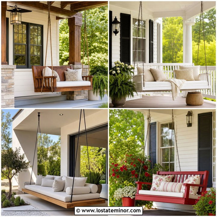 30 Warm White House Design With Swing Ideas for Porch Charm