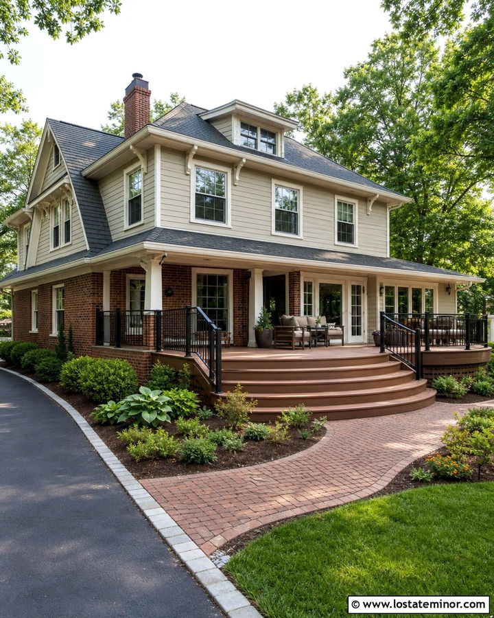Accessible Beige Brick House With Curved Deck - 30 Beige House Design With Deck Ideas