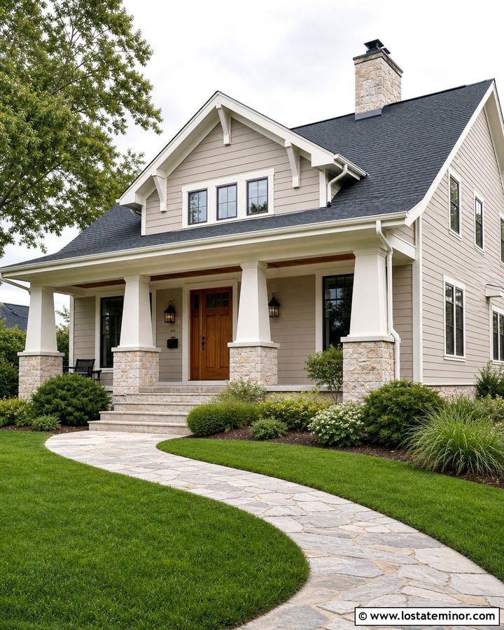 Accessible Beige Craftsman With Limestone Columns - 30 Beige House Design With Stone Accents Ideas