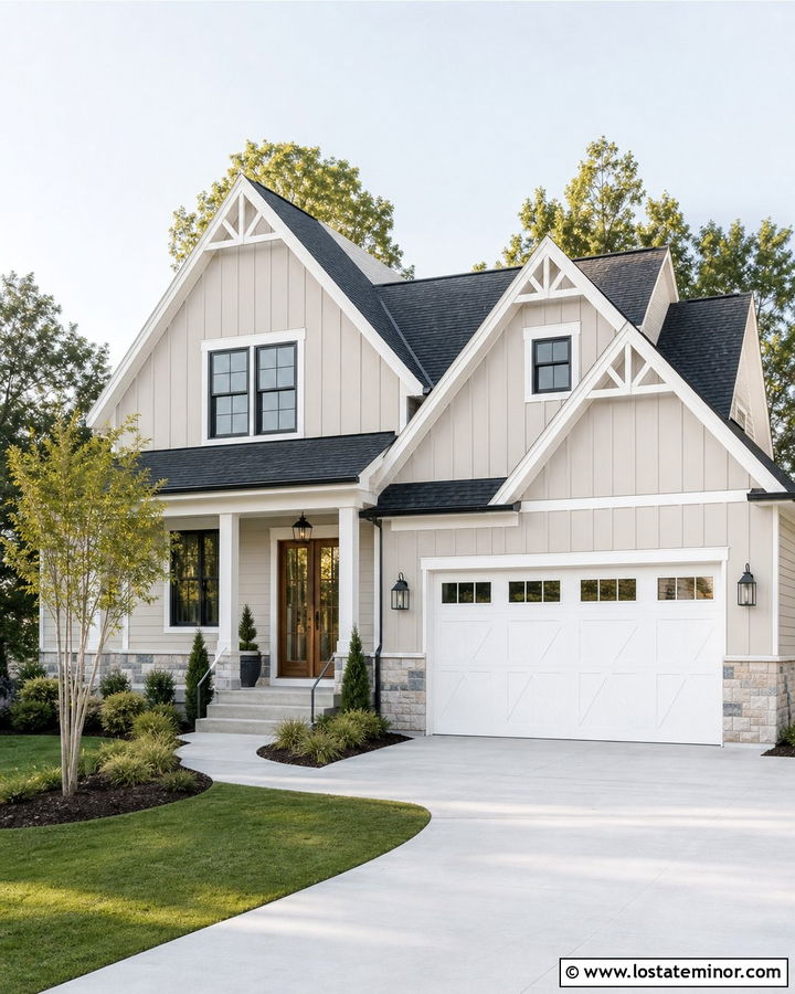 Accessible Beige Farmhouse With White Garage Door - 30 Beige House Design With Garage Door Ideas
