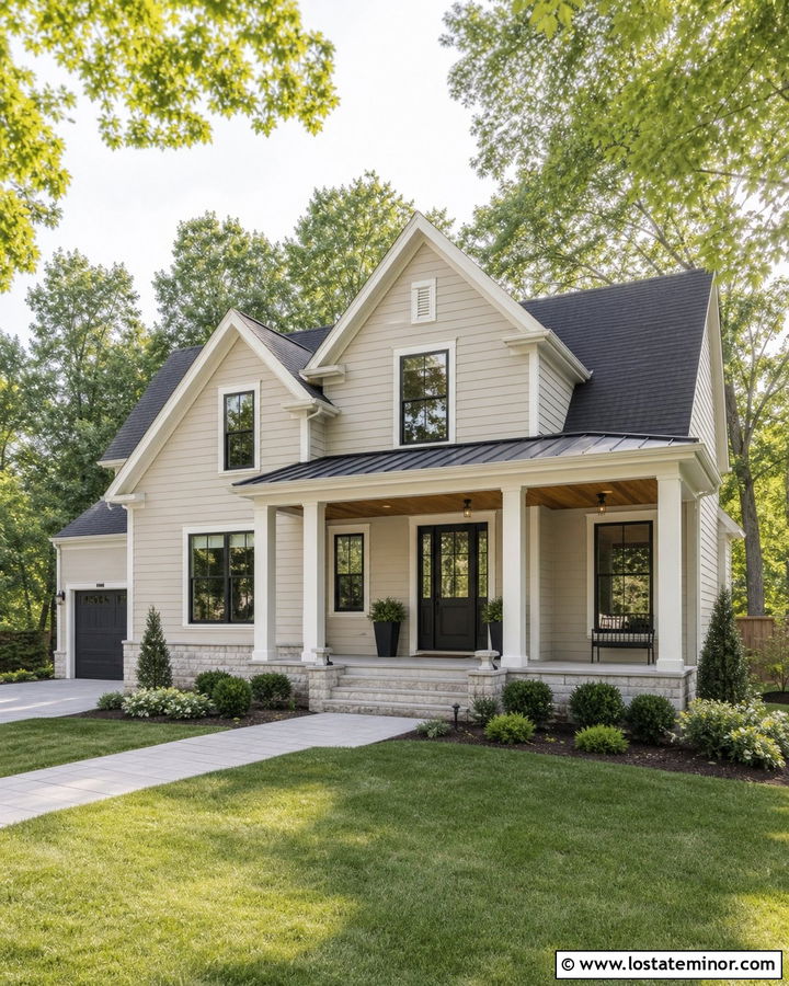Accessible Beige House With Cedar Porch Ceiling - 30 Beige House Design With Porch Ceiling Ideas