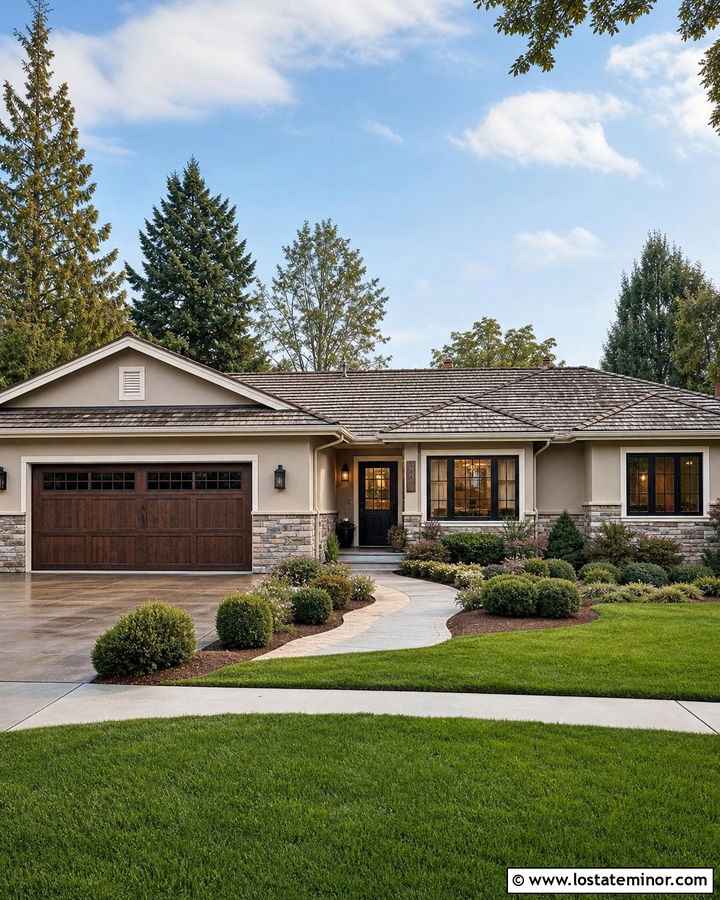 Accessible Beige House With Ledgestone Garage - 30 Greige House Design With Stone Accents Ideas