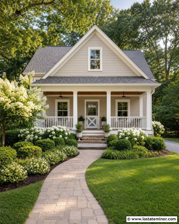 Accessible Beige House With White Crossbuck Storm Door - 30 Greige House Design With Storm Door Ideas