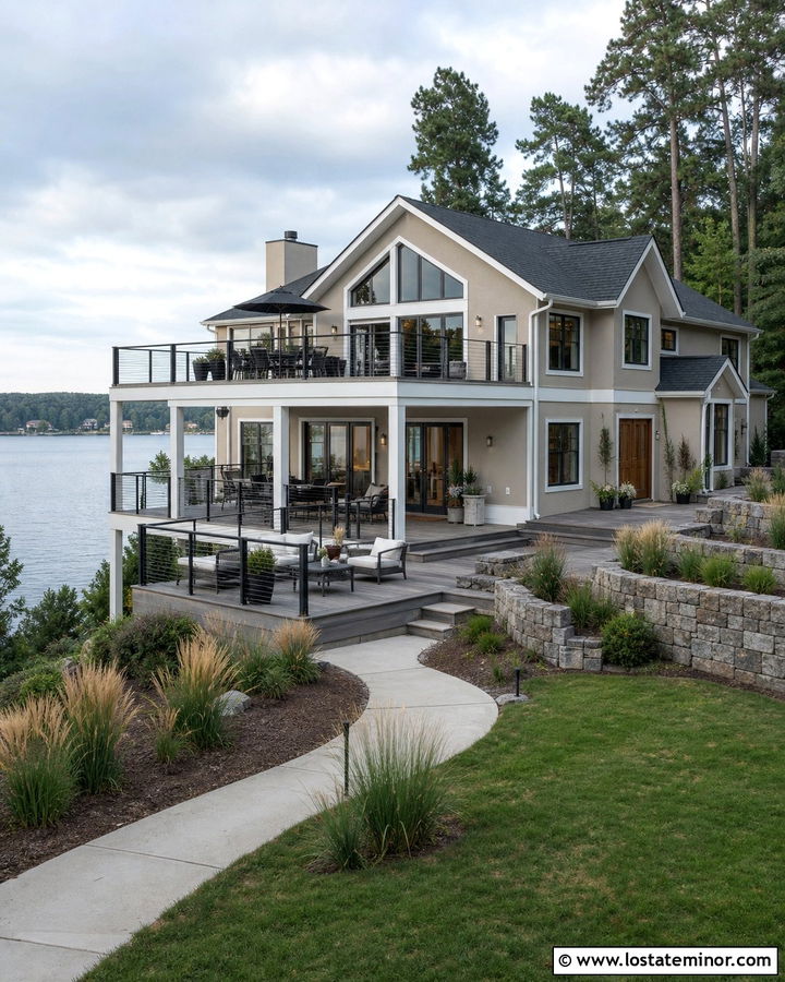 Accessible Beige Lake House With Multilevel Deck - 30 Beige House Design With Deck Ideas