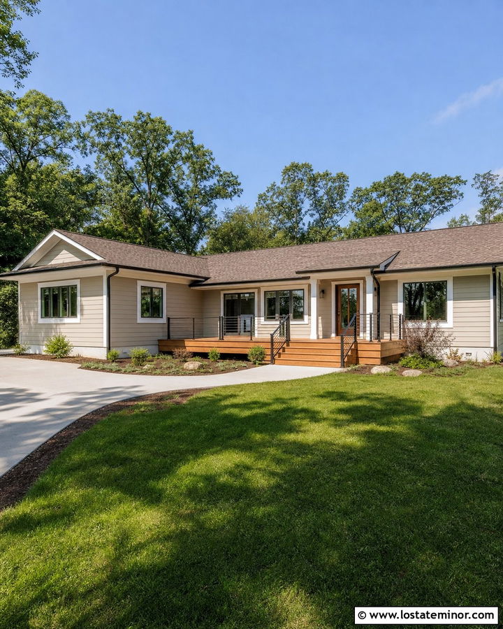 Accessible Beige Ranch House With Cedar Deck - 30 Beige House Design With Deck Ideas