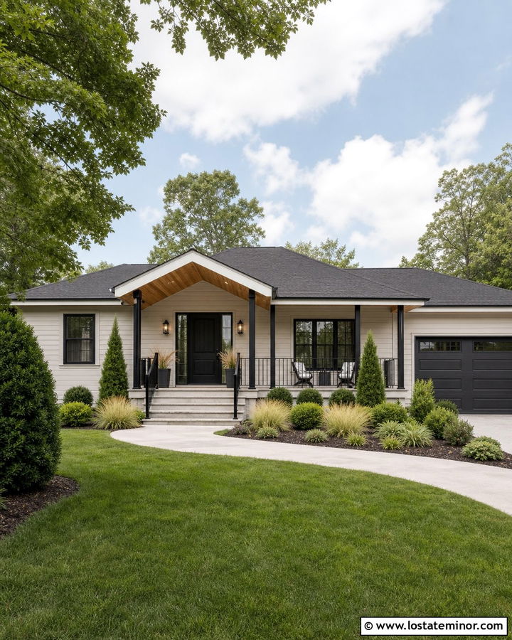 Accessible Beige Ranch With Black Metal Porch Columns - 30 Taupe House Design With Porch Columns Ideas