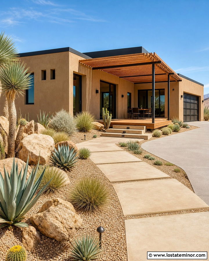 Adobe Beige Desert Modern House With Wood Deck - 30 Beige House Design With Deck Ideas