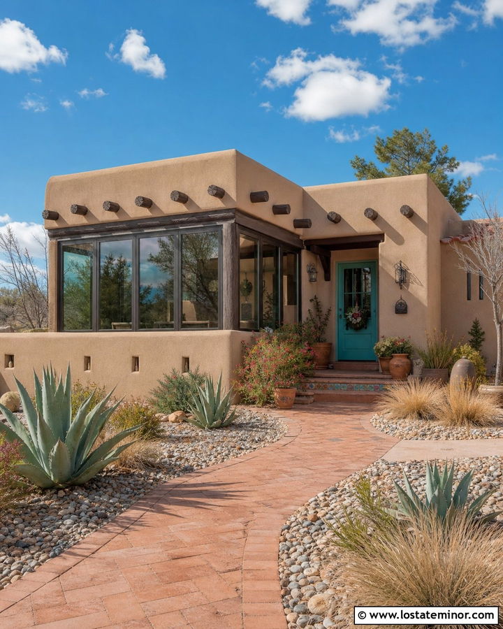 Adobe Tan Southwest House With Flat Roof Sunroom - 30 Tan House Design With Sunroom Ideas
