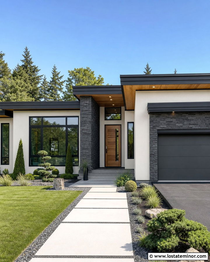 Aesthetic White Contemporary Ranch With Dark Stone - 30 Beige House Design With Stone Accents Ideas