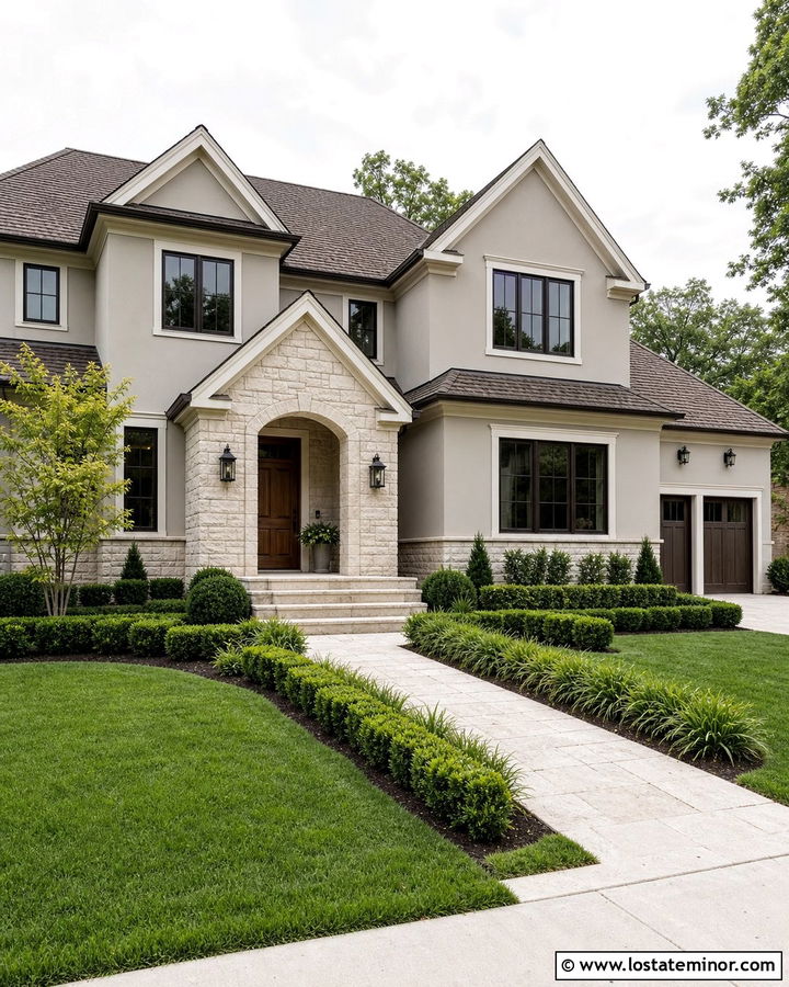 Agreeable Gray House With Limestone Accents - 30 Greige House Design With Stone Accents Ideas