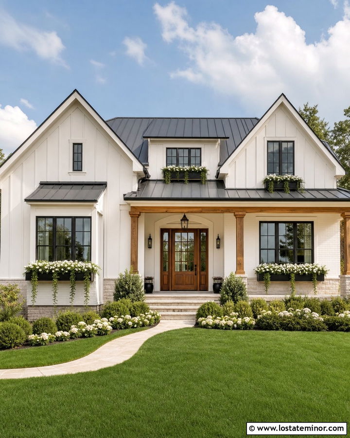 Alabaster Farmhouse With Black Window Boxes - 30 Warm White House Design With Window Boxes Ideas