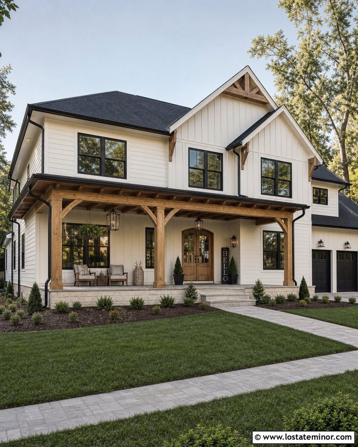 Alabaster Farmhouse With Wood Front Porch - 30 Warm White House Design With Front Porch Ideas