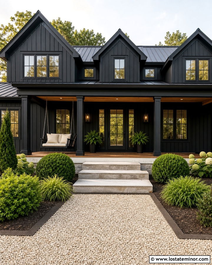 All Black House With Black Porch Swing - 30 Black House Design With Swing Ideas
