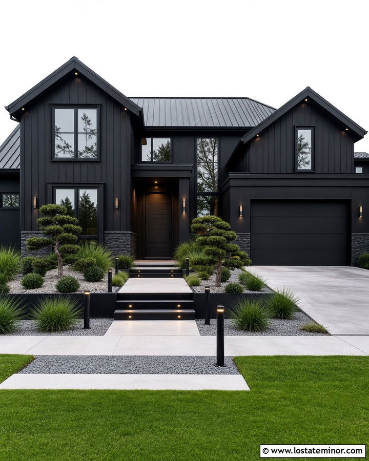 All Black House With Layered Exterior Lighting - 30 Black House Design With Lighting Ideas