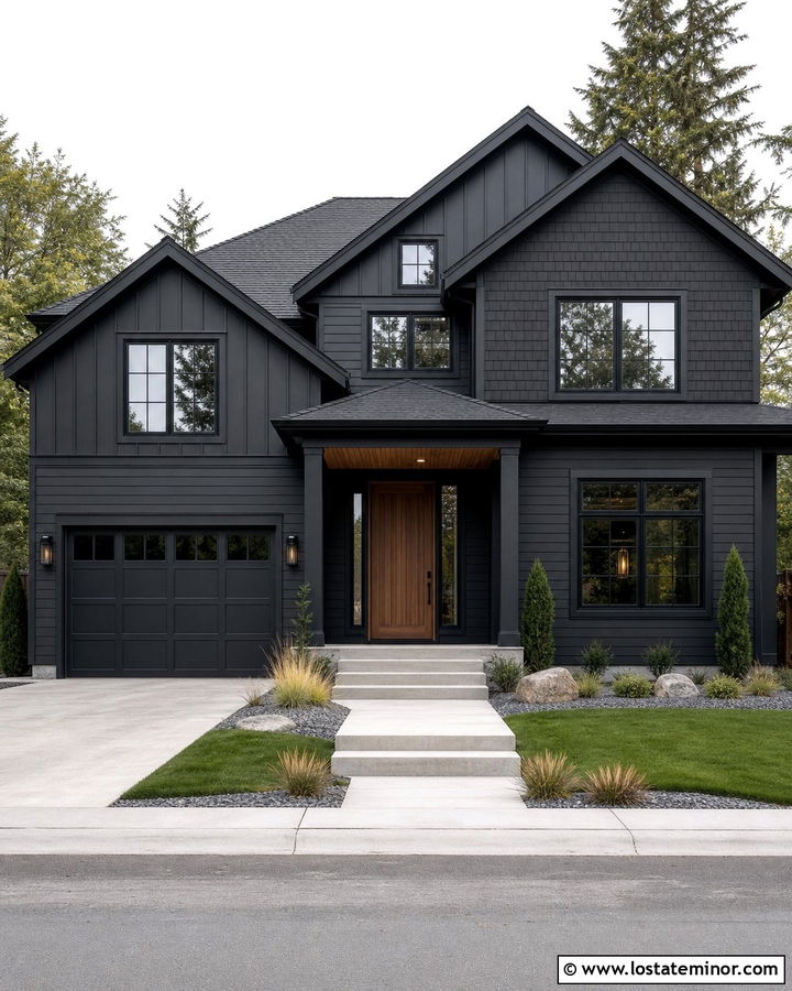 All Black House With Layered Siding - 30 Black House Design With Siding Ideas