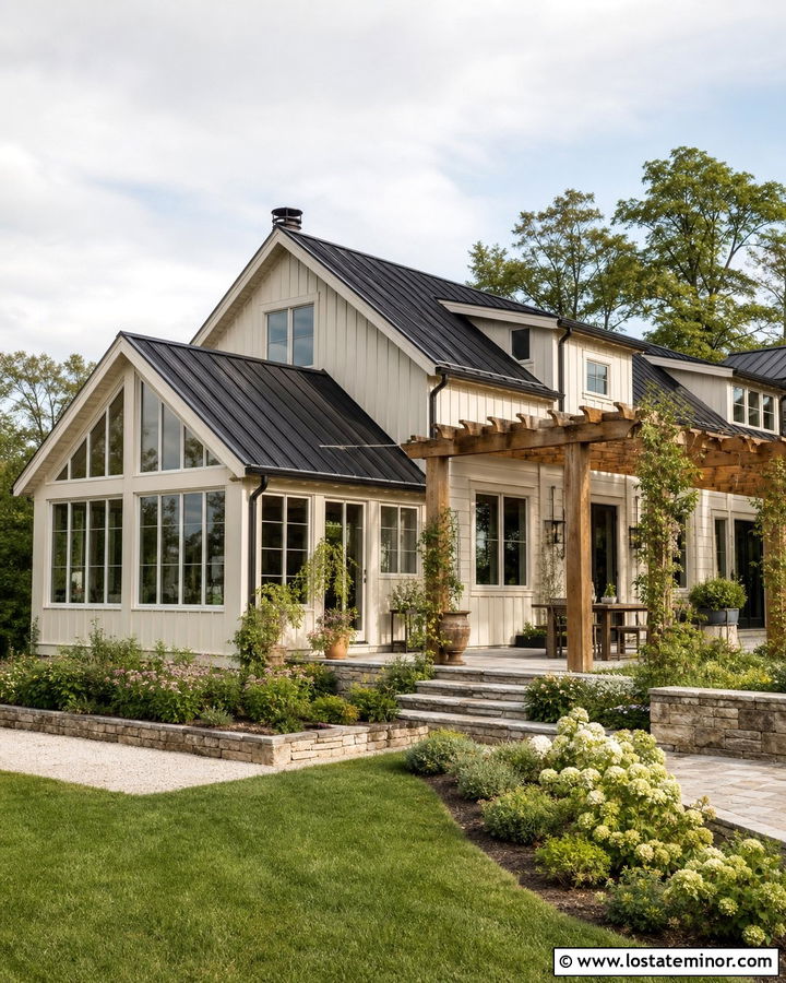 Almond Tan Farmhouse With Sunroom And Pergola - 30 Tan House Design With Sunroom Ideas