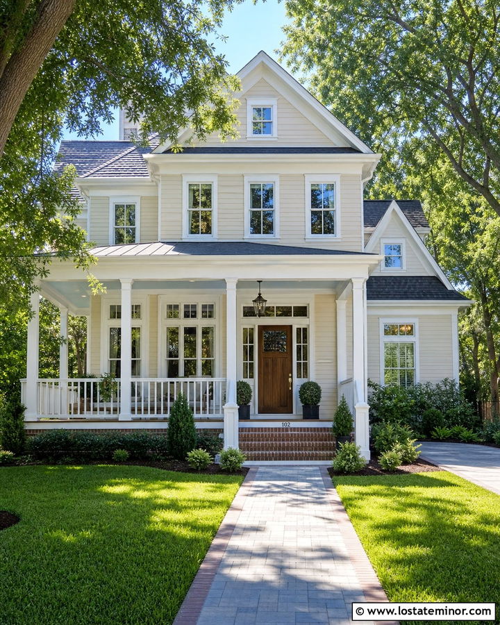 Almond Wisp Traditional House With White Covered Deck - 30 Beige House Design With Deck Ideas