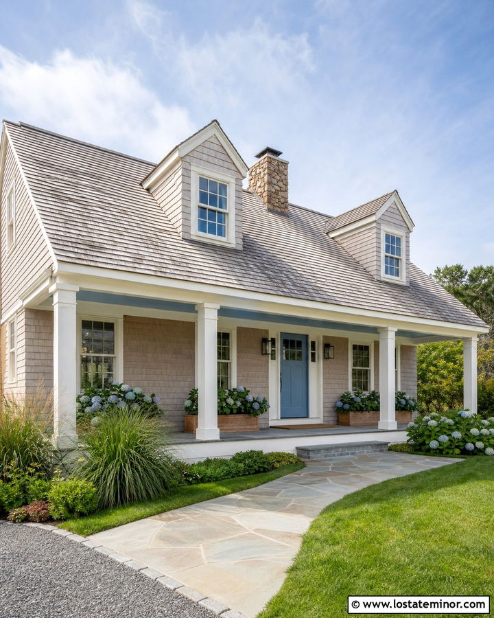 Alpaca Beige House With Gray Blue Porch Ceiling - 30 Beige House Design With Porch Ceiling Ideas