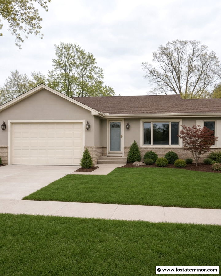 Alpaca House With Almond Storm Door - 30 Greige House Design With Storm Door Ideas