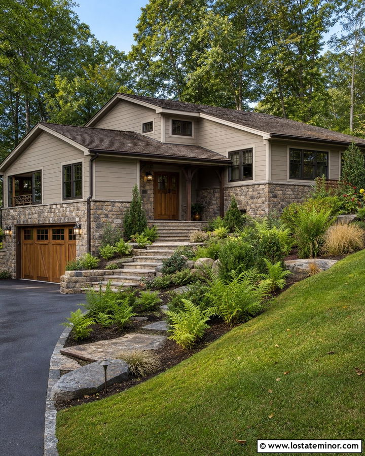 Alpaca House With Brown Fieldstone - 30 Greige House Design With Stone Accents Ideas