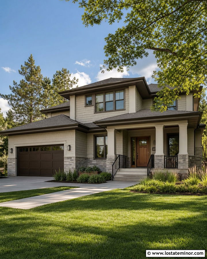 Alpaca House With Dark Bronze Garage Door - 30 Beige House Design With Garage Door Ideas